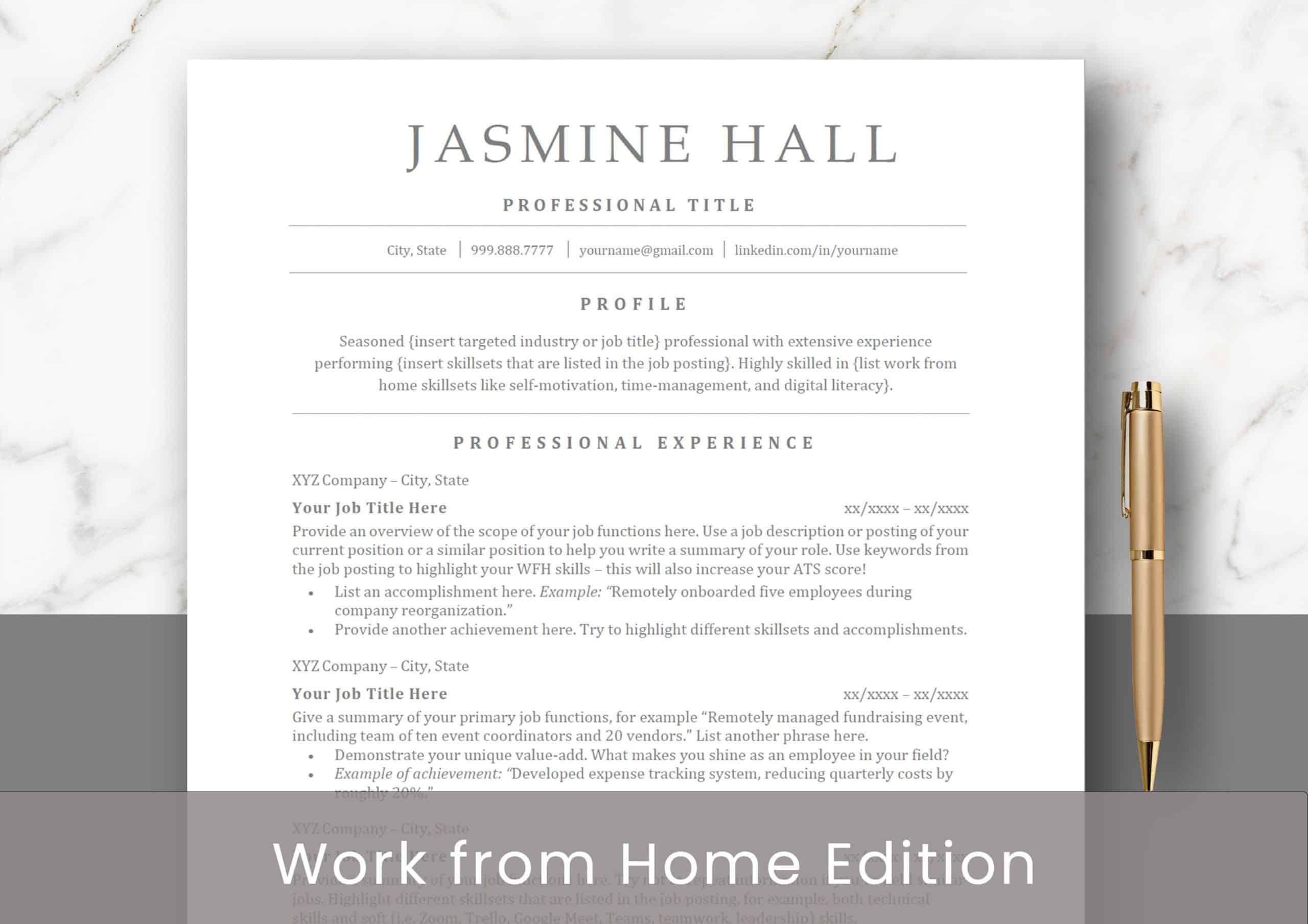Work From Home Resume Template Package