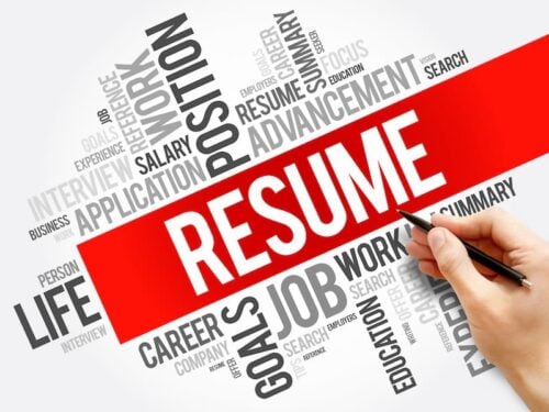 Image of words mixed together with the word resume in large bold font